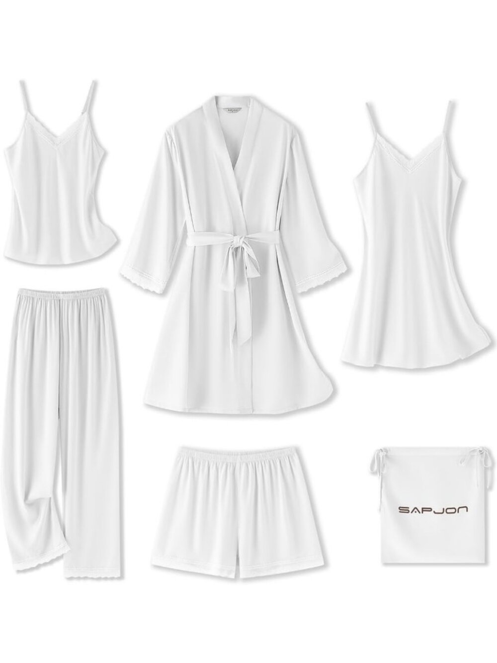 Silk Satin 6-Piece Pajama Set for Women | Lace Robe, Nightgown & Cami PJs